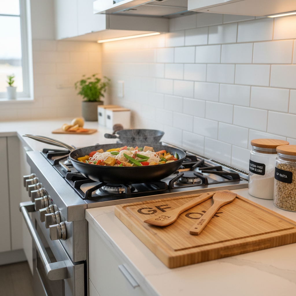 A spotless, modern home kitchen featuring a stainless-steel stove where a large non-stick skillet sizzles with colorful gluten-free stir-fry: vibrant bell peppers, snap peas, tofu cubes, and steaming white rice noodles. On the adjacent quartz countertop, dedicated gluten-free tools—clearly marked wooden spoons, a separate cutting board with a “GF ONLY” engraving, and labeled storage containers—are neatly arranged. Warm under-cabinet LED lighting combines with soft natural light from a nearby window, creating balanced, even illumination and gentle reflections on the metal appliances. Shot from a three-quarter angle at counter height with moderate depth of field, the stove area is in sharp focus while the rest of the kitchen gently softens. The mood is confident and reassuring, emphasizing safe gluten-free cooking practices in a realistic, professional, photographic style.