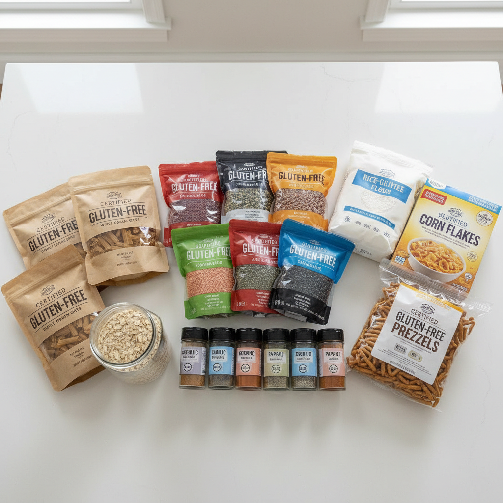 An organized gluten-free grocery haul neatly laid out on a smooth white kitchen island, showcasing clearly labeled pantry staples: brown rice pasta in matte paper packaging, certified gluten-free oats in a transparent container, colorful bags of lentils, and small glass jars of spices with clear, bold gluten-free labels. A few generic store-brand items sit beside specialty products, emphasizing affordability. Diffused daylight from a nearby window casts even, natural light with soft shadows, highlighting textures of paper, glass, and dried grains. Captured from a slightly elevated, top-down perspective, the composition uses the rule of thirds to group items by category. The atmosphere is practical, professional, and informative, with photographic realism and a bright, uncluttered, blog-friendly aesthetic.