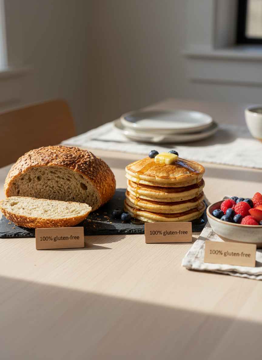 A carefully arranged gluten-free brunch spread on a pale oak dining table, featuring a rustic loaf of gluten-free sourdough with a crisp, seed-studded crust, fluffy almond-flour pancakes stacked neatly with a pat of melting butter, and a small ceramic bowl of fresh berries. Each dish is labeled with small, minimalist wooden place cards clearly indicating “100% gluten-free.” Soft morning light filters through an unseen window from the left, creating gentle highlights on the food and subtle shadows along the grain of the wood. Shot at an eye-level, slightly angled perspective with a shallow depth of field that keeps the dishes in sharp focus while the background fades into a soft bokeh. The mood is calm, reassuring, and professional, with photographic realism and a clean, modern aesthetic.