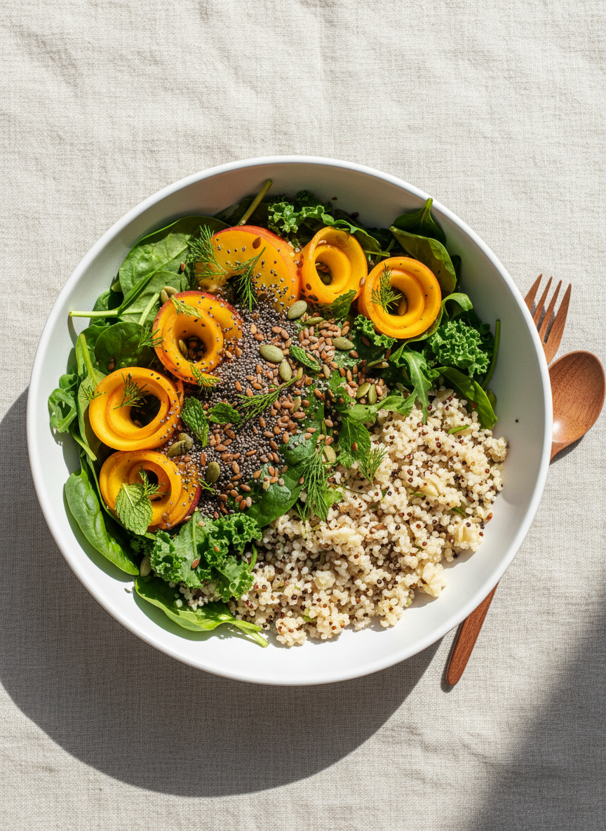 bright, fresh overhead shot of a gluten-free grain bowl with leafy greens, sliced peaches, herbs, and seeds on a neutral background, styled for an allergen-aware food blog